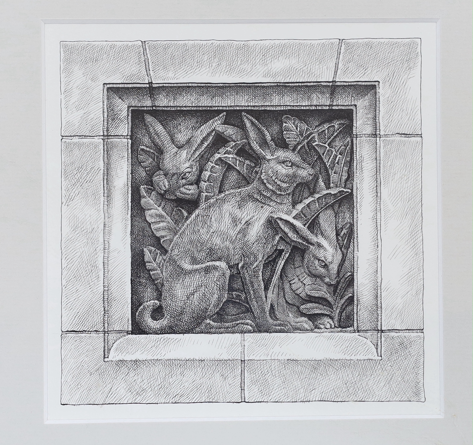 Paul C Allen (Chelsea Art Society), two pen and ink sketches, terracotta mouldings, Natural History Museum details verso, 16 x 16cm